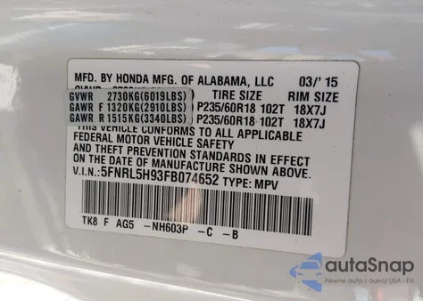 2015 Honda Odyssey Touring/Touring Elite from USA, damaged, VIN 5FNRL5H93FB074652